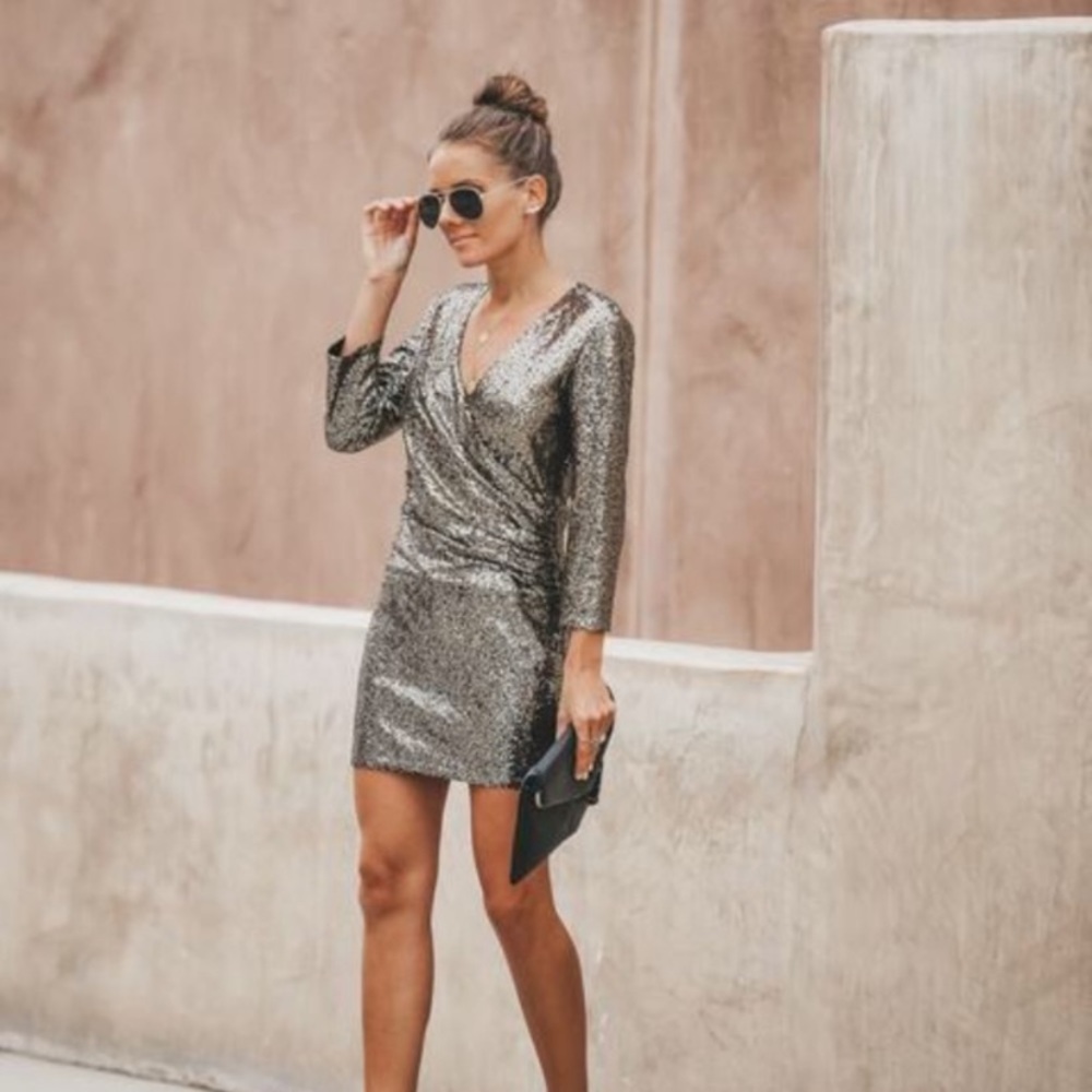 FATE sequin body con dress with wrap front detail.